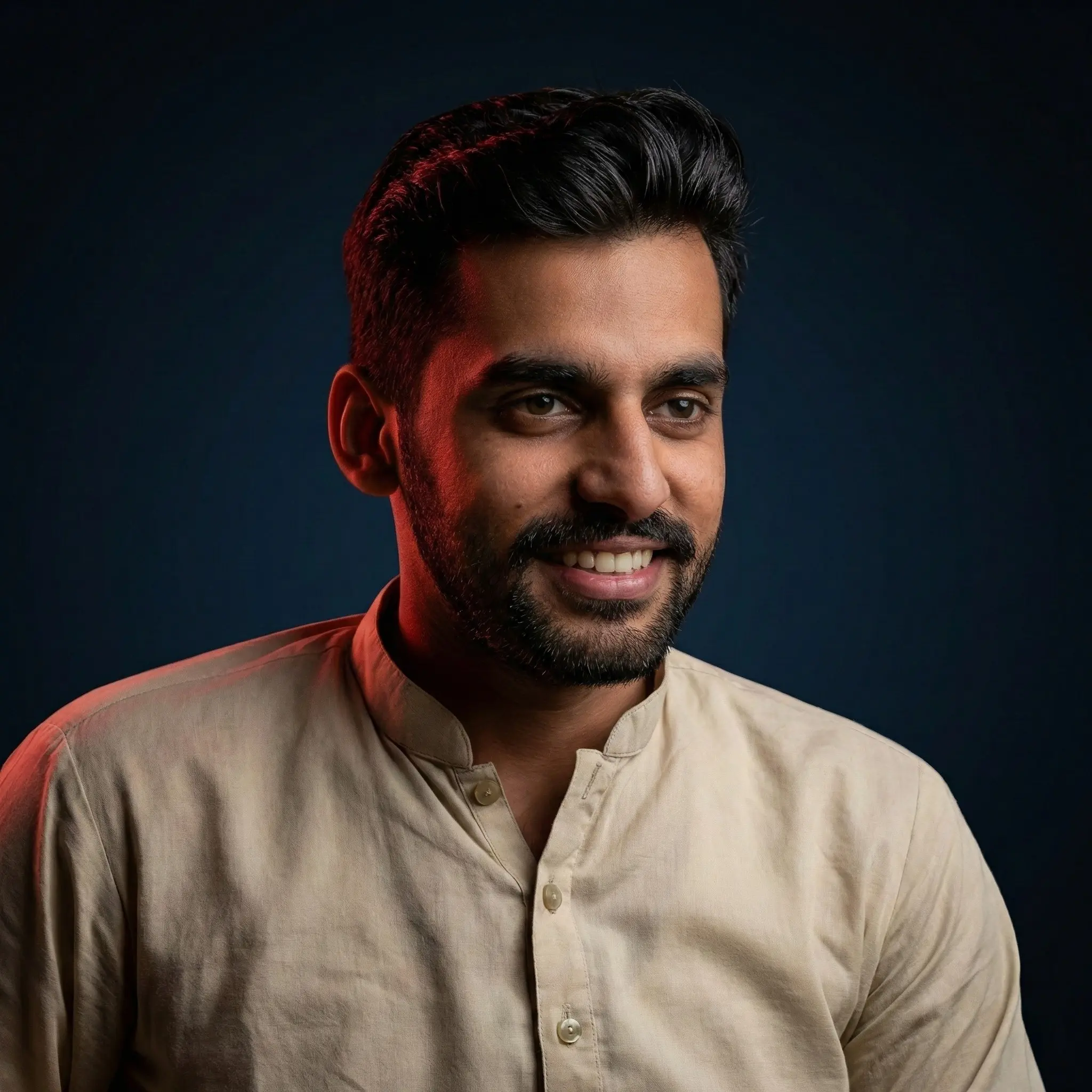 High-detail portrait of Adnan with dramatic blue rim lighting